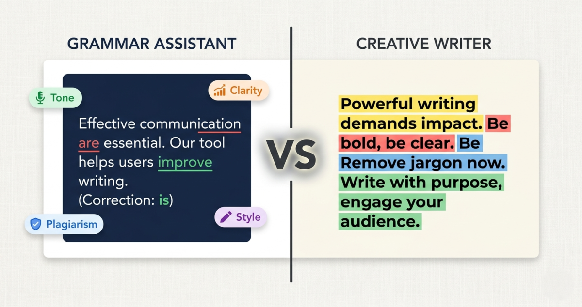 Grammarly vs Hemingway Editor comparison illustration showing two writing tool interfaces side by side
