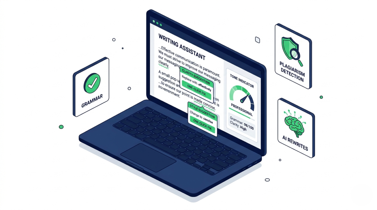 Isometric illustration of Grammarly writing assistant interface showing grammar corrections, AI suggestions, and plagiarism detection features on a laptop screen