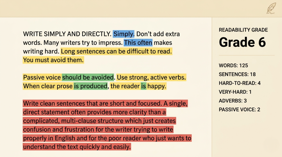 Hemingway Editor interface illustration showing color-coded sentence highlights in yellow, red, blue, and green with a readability grade score sidebar