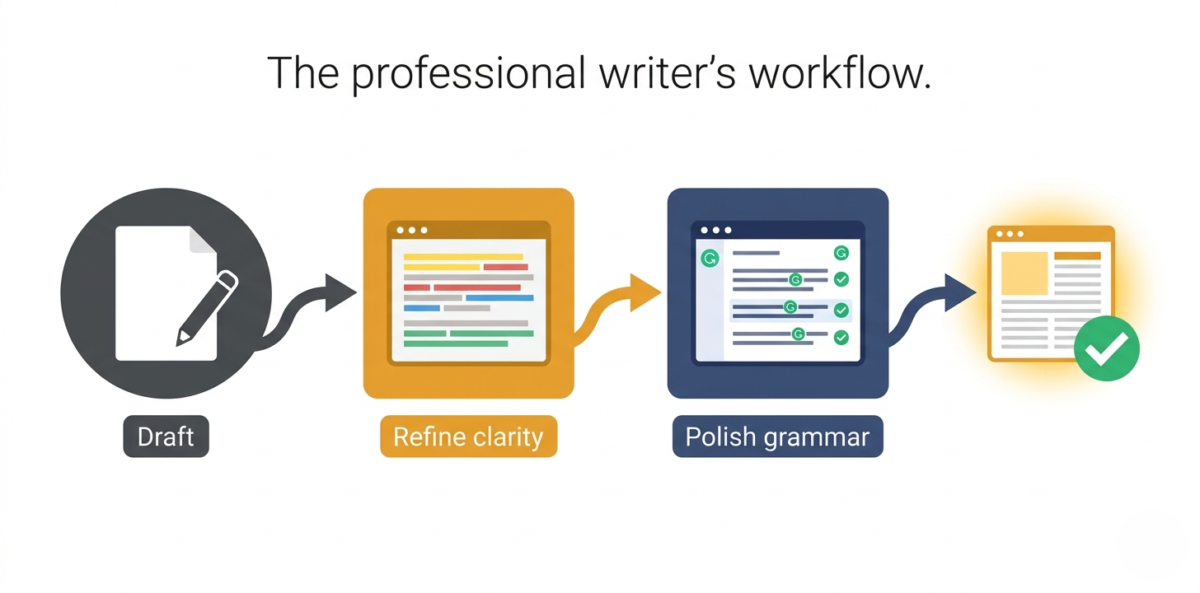 Three-step writing workflow diagram showing Draft, then Refine with Hemingway Editor, then Polish with Grammarly, leading to a published article
