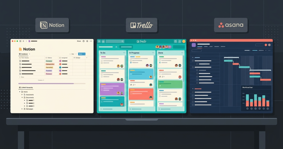 Notion vs Trello vs Asana interface comparison showing three project management tool dashboards side by side on a dark workspace background