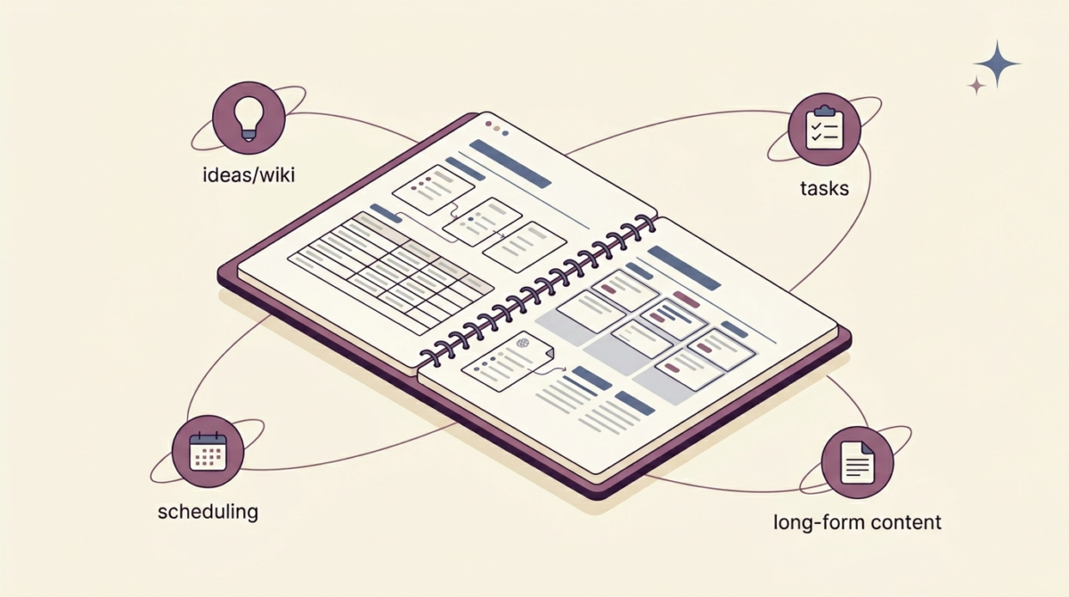 Isometric illustration of Notion's all-in-one workspace showing linked databases, Kanban boards, documents, and calendar views connected in a single interface