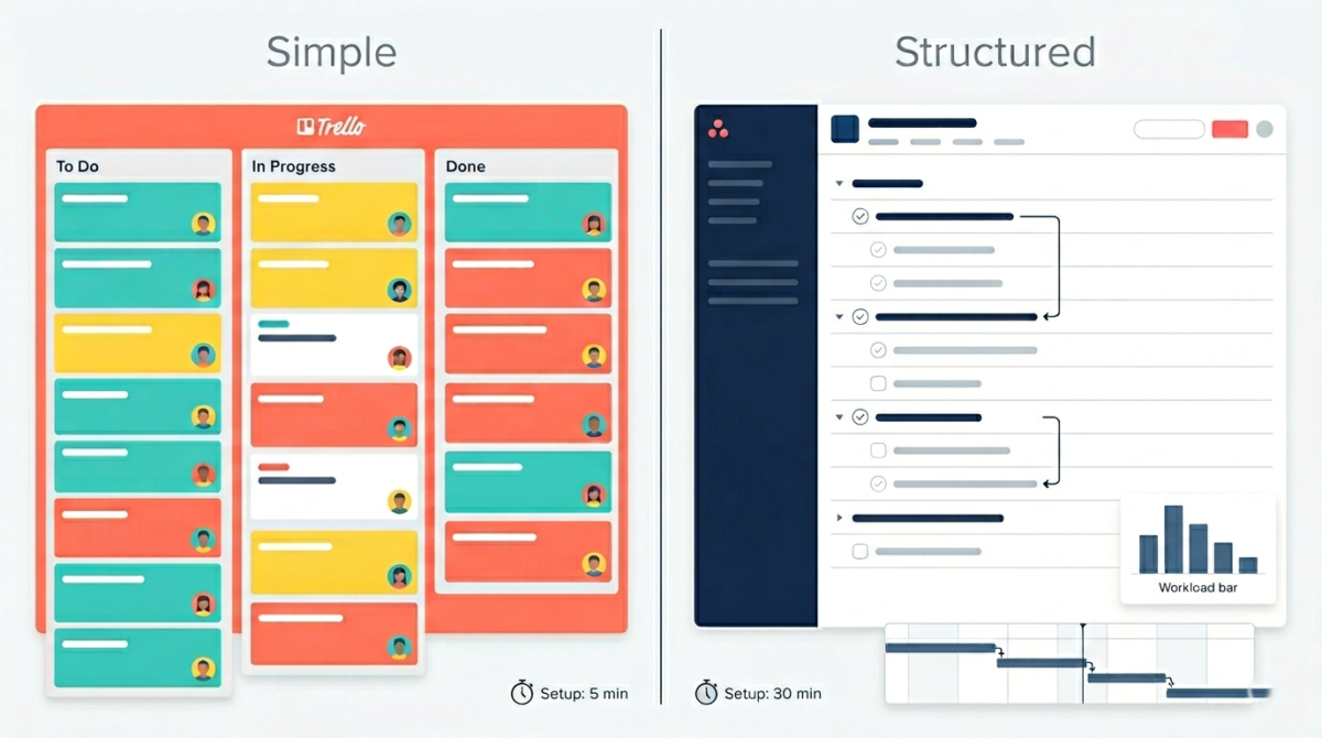 Split-screen comparison of Trello's simple colorful Kanban board on the left versus Asana's structured task list with dependencies and Gantt timeline on the right