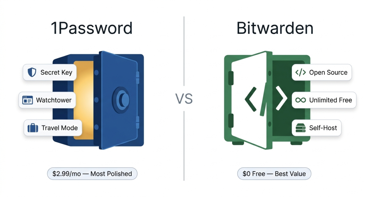 Side-by-side comparison illustration of 1Password featuring Secret Key and Travel Mode versus Bitwarden featuring open-source code and unlimited free plan with pricing badges