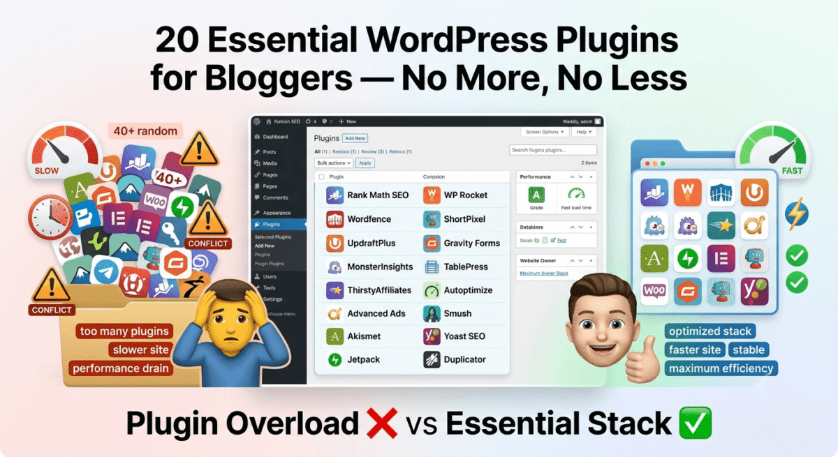 Comparison showing WordPress plugin overload with 40+ cluttered plugins on left versus optimized essential 20-plugin stack on right, with performance and stability improvements highlighted.