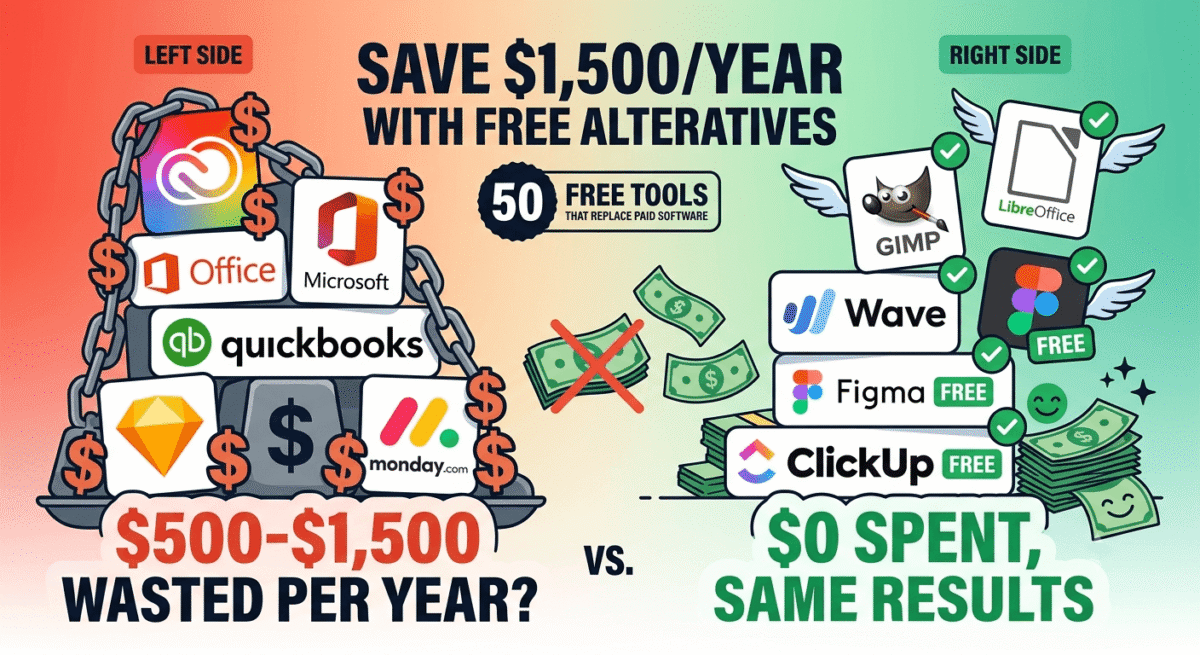 Contrast visualization showing expensive paid software (Adobe, Microsoft Office, QuickBooks) with dollar signs on left versus free alternatives (GIMP, LibreOffice, Wave, Figma Free) with green checkmarks on right, representing $500–$1,500 annual savings.