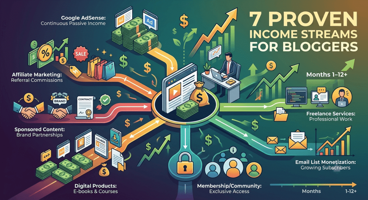 Seven income streams (Google AdSense, affiliate marketing, sponsored content, digital products, freelance services, email monetization, membership) flowing toward a central blog hub, representing how multiple revenue sources combine to generate $2,500–$7,500/month.