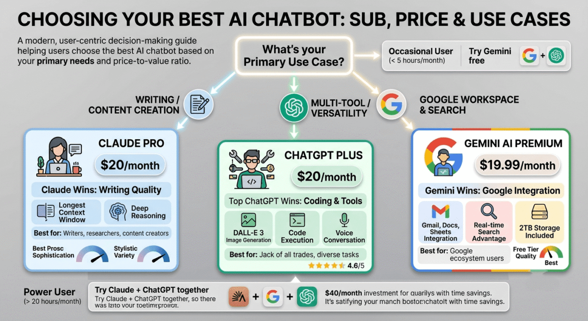 use-case decision framework showing ChatGPT Plus ($20/month, best for breadth and tools), Claude Pro ($20/month, best for writers), and Gemini AI Premium ($19.99/month, best for Google users), with decision paths matching users to tools based on primary needs.