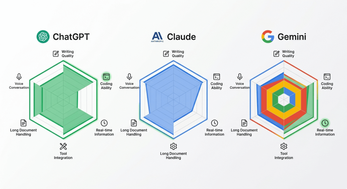 ChatGPT vs Claude vs Gemini, A capability radar chart or task-to-tool matrix showing ChatGPT excels at tool integration, coding execution, and voice; Claude excels at writing quality and long documents; Gemini excels at real-time information and Google integration.