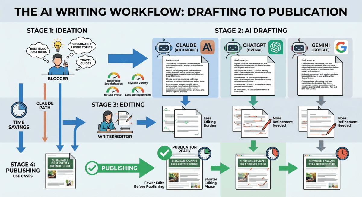 A content creation workflow showing blog post progression from ideation through drafting (with Claude producing higher quality output requiring less editing) to final publication, emphasizing time savings when using Claude for writing tasks.