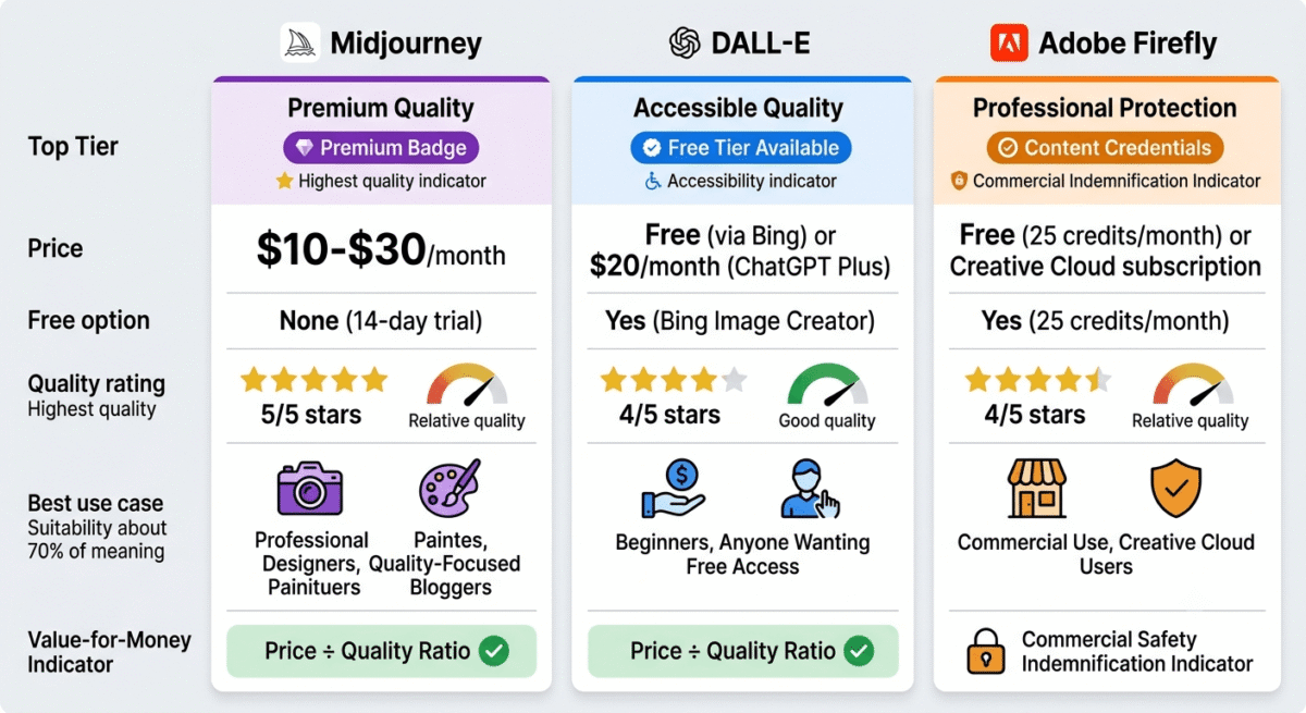 A pricing and value comparison showing Midjourney ($10-30/month, highest quality, no free option), DALL-E (free via Bing + $20/month ChatGPT Plus, accessible, good quality), and Adobe Firefly (free 25 credits/month + Creative Cloud, balanced quality, strong commercial protection).