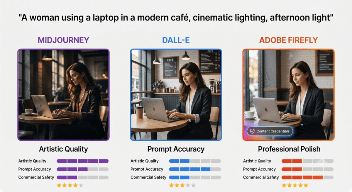 Midjourney vs DALL-E vs Adobe Firefly, A side-by-side comparison showing the same text prompt ("a woman using a laptop in a modern café") generated by three AI tools: Midjourney (highly artistic, cinematic), DALL-E (technically accurate, readable text), and Adobe Firefly (professionally polished, with Content Credentials badge).