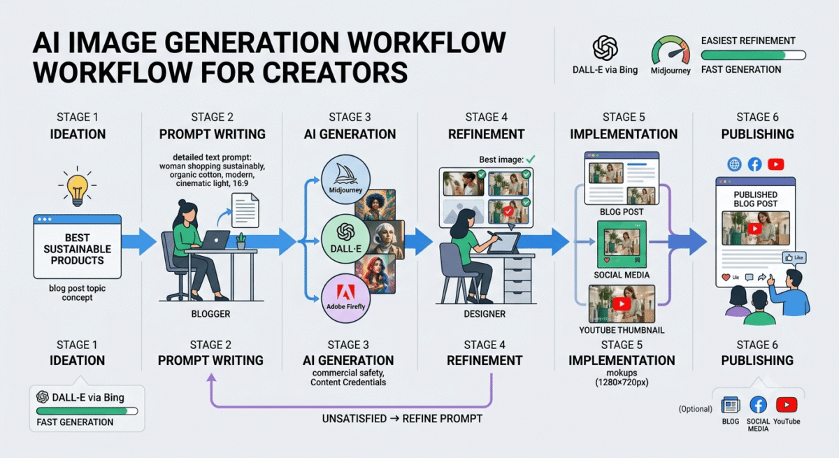 A content creation workflow diagram showing bloggers moving from blog topic concept → writing detailed AI prompts → AI generation (Midjourney, DALL-E, Firefly) → refining images → implementing in blog posts, social media, YouTube thumbnails → publishing to audience.