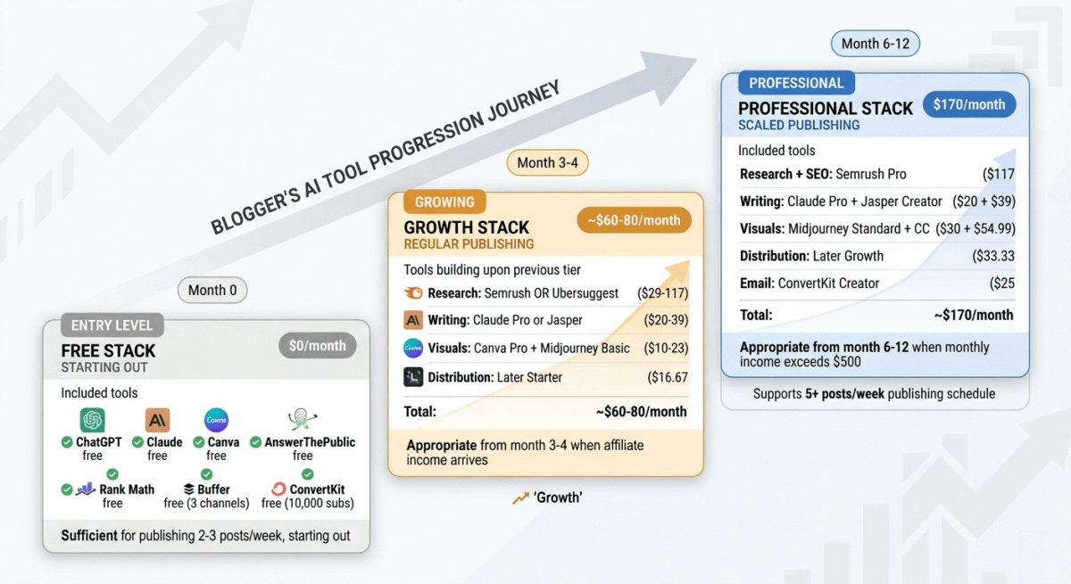 Three AI tool stack recommendations for bloggers at different stages: Free Stack ($0/month, publishing 2-3 posts/week), Growth Stack (~$60-80/month, month 3-4), and Professional Stack (~$170/month, month 6-12), showing which tools to add at each stage.