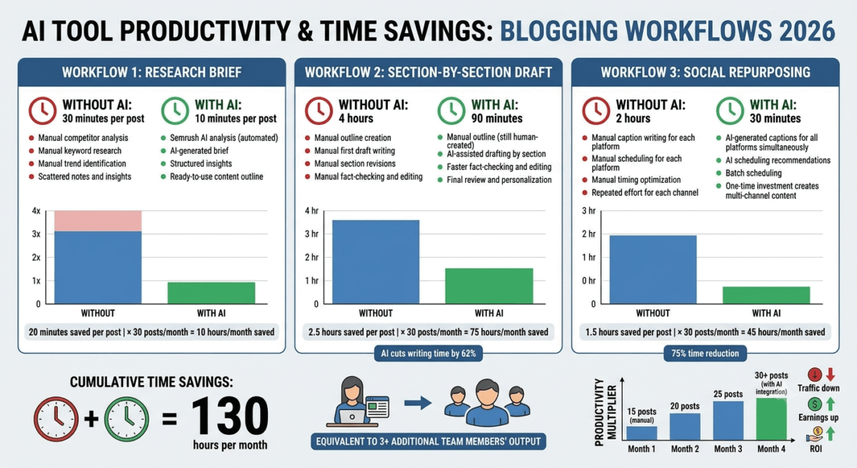 A before-and-after comparison showing three blogger workflows: Research Brief (30 min → 10 min), Section-by-Section Draft (4 hours → 90 minutes), and Social Repurposing (2 hours → 30 min), totaling 130 hours/month saved and enabling bloggers to publish 2x more posts with same time investment.
