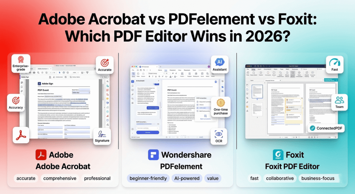 Comparison of three PDF editors: Adobe Acrobat with comprehensive editing and forms on the left, PDFelement with AI assistant and beginner-friendly interface in the center, and Foxit with fast performance and team collaboration on the right.