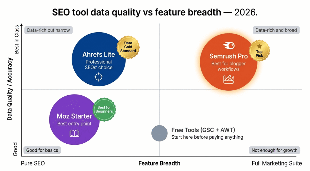 Ahrefs vs Semrush vs Moz. SEO tool quadrant chart plotting data quality versus feature breadth — Ahrefs Lite in the top-left as data gold standard for professional SEOs, Semrush Pro in the top-right as best overall with top pick badge, Moz Starter in the bottom-left as best for beginners, and a small grey circle for free tools like Google Search Console as a starting point