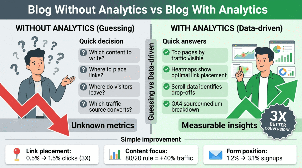 Google Analytics vs Hotjar vs Matomo. Before and after comparison showing blog without analytics making random content decisions versus with analytics making data-driven decisions informed by traffic sources, heatmaps, and visitor behaviour patterns.