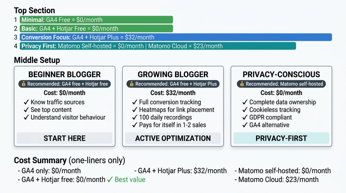 Pricing and combination comparison showing GA4 + Hotjar free at $0/month best for beginners, GA4 + Hotjar Plus at $32/month best for conversion optimization, and Matomo self-hosted at $0/month best for privacy-conscious sites with data ownership.