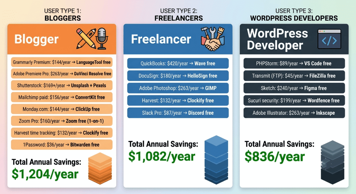 Savings comparison showing three user types: Bloggers save $1,204/year ($144 Grammarly→LanguageTool + $263 Premiere→DaVinci + $169 Shutterstock→Unsplash); Freelancers save $1,082/year ($420 QuickBooks→Wave + $263 Photoshop→GIMP); WordPress Developers save $836/year ($89 PHPStorm→VS Code + $240 Sketch→Figma Free).