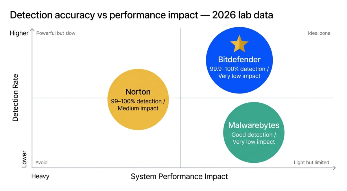 Quadrant chart comparing antivirus detection rates versus system performance impact — Bitdefender plotted in the ideal top-right zone with 99.9 to 100 percent detection and very low impact, Norton in center-left with high detection and medium impact, Malwarebytes in lower-right with good detection and very low impact