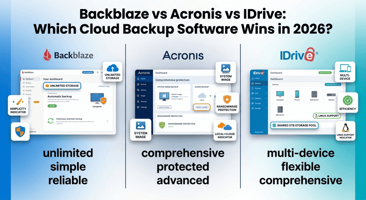 Comparison of three cloud backup platforms: Backblaze with unlimited storage and automatic backup on the left, Acronis with system image backup and ransomware protection in the center, and IDrive with multi-device coverage and NAS support on the right.
