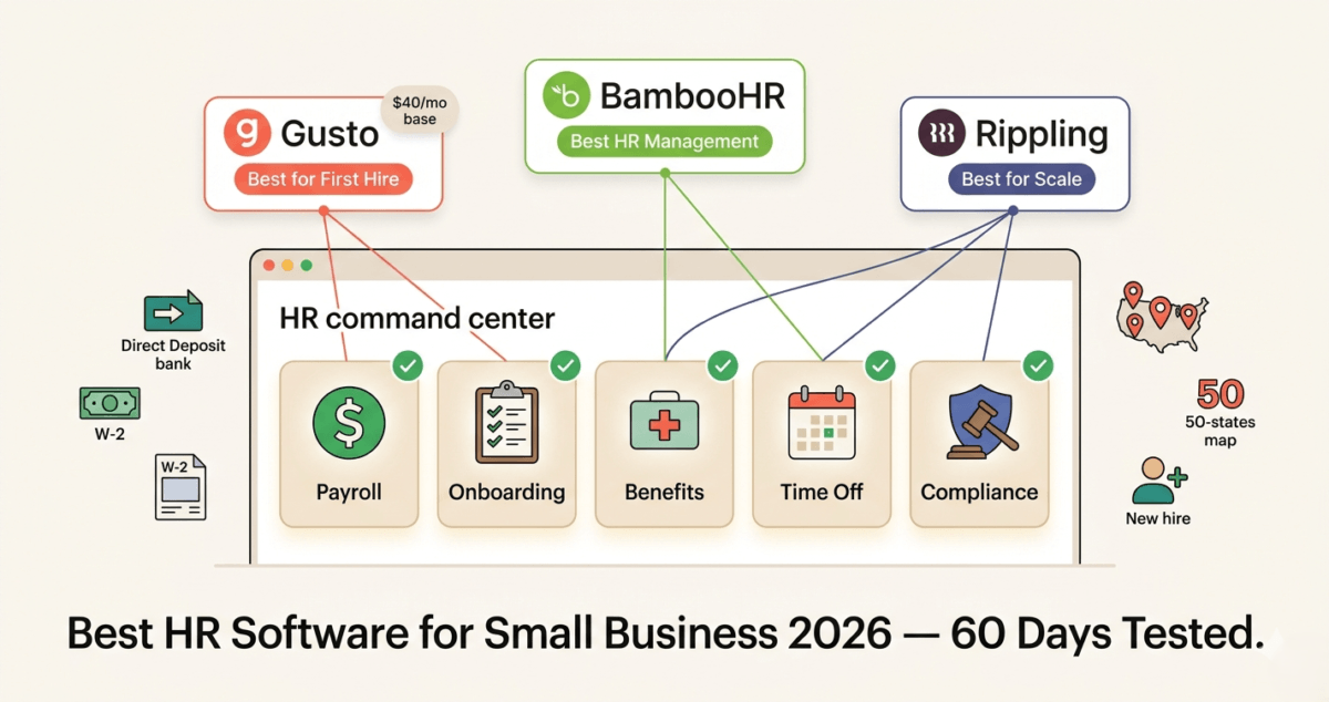 Hero editorial illustration of a central HR dashboard showing five function tiles — payroll, onboarding, benefits, time off, and compliance — with three platform badges above: Gusto in coral for first hires, BambooHR in green for HR management, and Rippling in indigo for scaling businesses