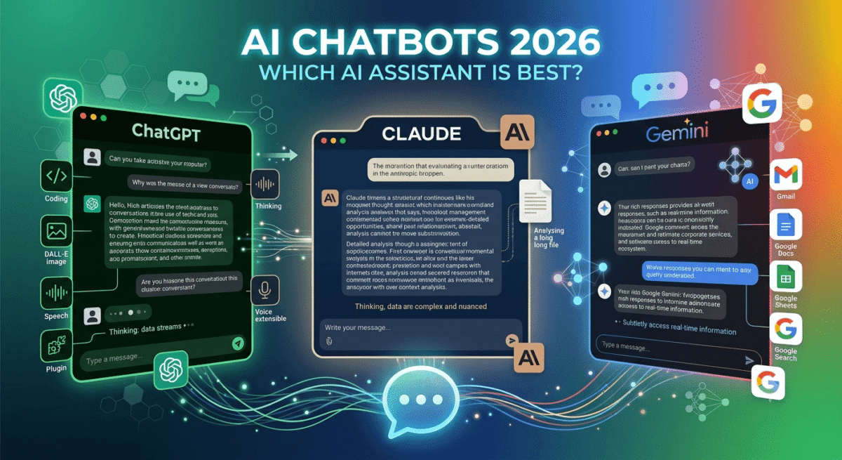 Three AI chatbot interfaces (ChatGPT with tool icons, Claude with long-form text, Gemini with Google integration) shown in conversation with users, representing the three leading AI assistants available in 2026.