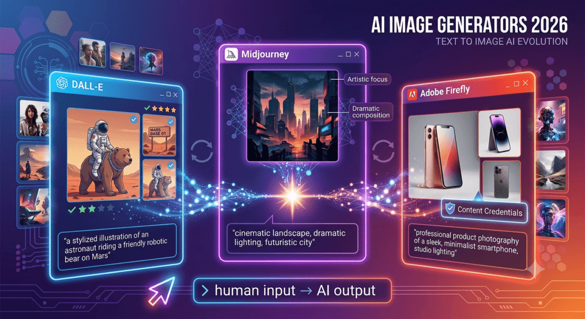 Three AI image generator interfaces (Midjourney, DALL-E, Adobe Firefly) showing text prompts being transformed into visual images, representing AI-powered creative tools for bloggers and designers in 2026.