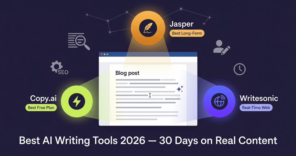 Hero editorial illustration of a floating blog post document being written with AI assistance, surrounded by three glowing tool orbs — Jasper in gold for best long-form, Copy.ai in green for best free plan, and Writesonic in purple for real-time web access — on a deep indigo background