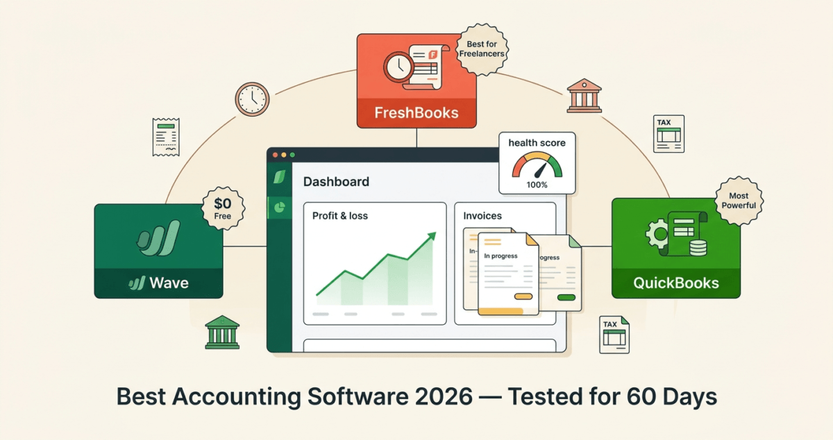 Hero editorial illustration showing a central profit and loss financial dashboard surrounded by three accounting software panels representing Wave in green, QuickBooks in dark green, and FreshBooks in orange-red with receipts, invoices, and bank icons floating around the composition