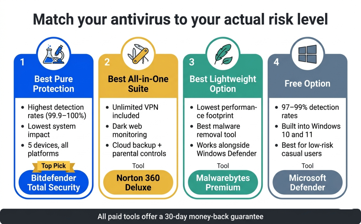 Four-column antivirus decision card infographic comparing Bitdefender Total Security for best pure protection, Norton 360 Deluxe for all-in-one suite, Malwarebytes Premium for lightweight option, and Microsoft Defender as the free built-in choice