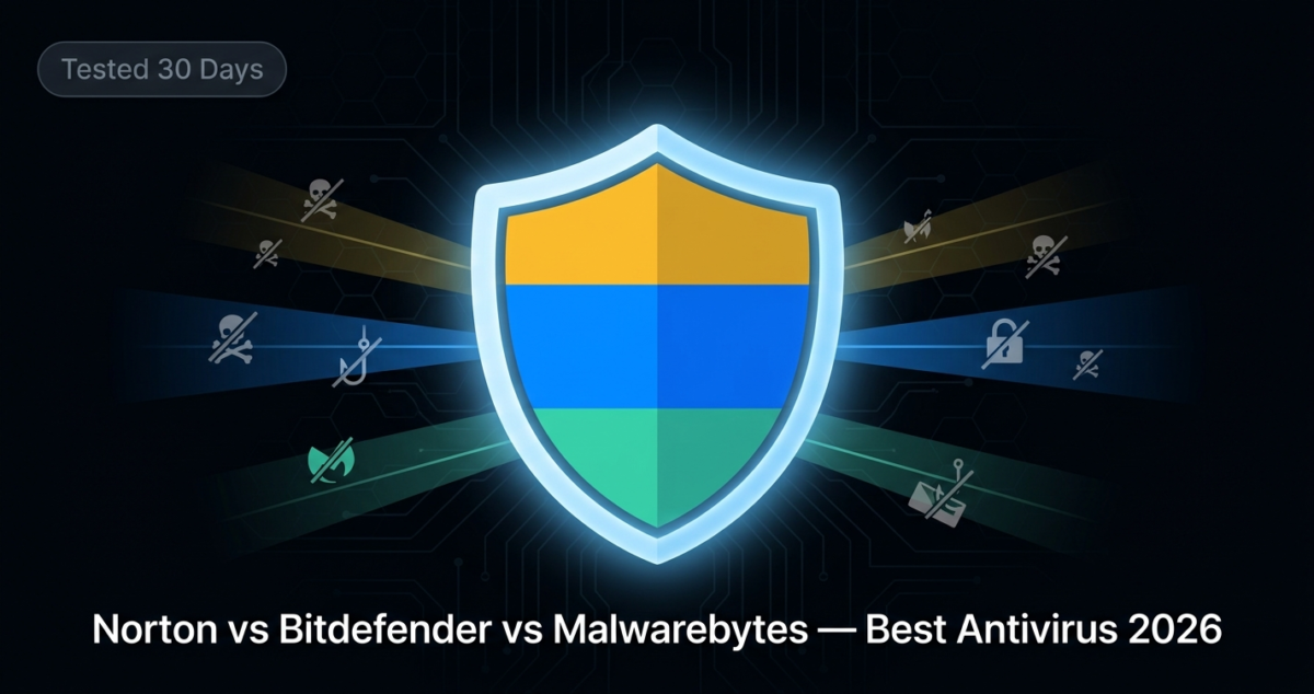 Cinematic hero illustration of a large glowing digital shield divided into Norton gold, Bitdefender blue, and Malwarebytes teal bands blocking ransomware and phishing threat icons on a dark circuit-board background