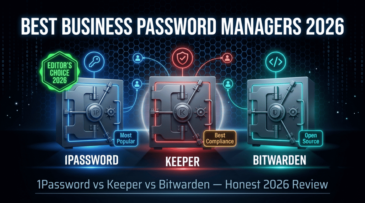 Cinematic featured image showing three glowing vault doors in a dark secure environment — 1Password in electric blue as Editor's Choice, Keeper in red as best for compliance, and Bitwarden in teal as the open-source option — with team member avatars connected via encrypted lines representing business credential management in 2026.