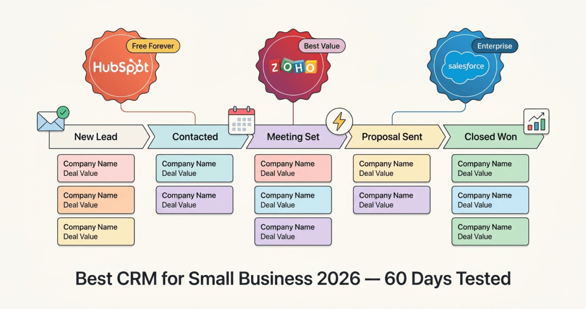 Hero editorial illustration of a five-stage Kanban sales pipeline with deal cards, topped by three CRM software badges — HubSpot in orange-red with a Free Forever tag, Zoho in purple with Best Value, and Salesforce in blue with Enterprise — connected by lines to different pipeline stages