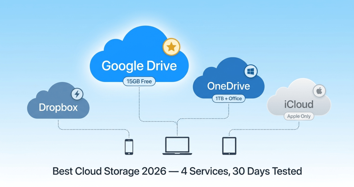 Hero editorial illustration of four cloud storage services as floating clouds — Google Drive largest and brightest at center, OneDrive to the right, Dropbox to the left, and iCloud translucent at far right — connected by sync lines to phone, laptop, and tablet icons below