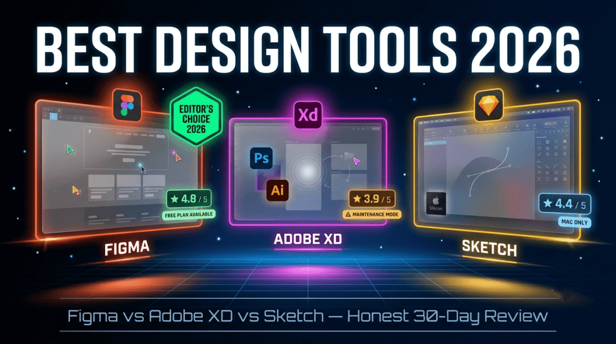 Featured image comparing three best design tools of 2026 — Figma rated 4.8/5 as editor's choice, Adobe XD rated 3.9/5 recommended for Creative Cloud users, and Sketch rated 4.4/5 for Mac professionals.
