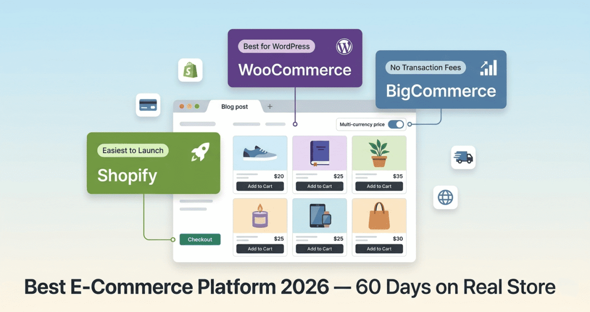 Hero editorial illustration of a live online store product grid surrounded by three platform cards — Shopify in green as easiest to launch, WooCommerce in purple as best for WordPress, and BigCommerce in blue with no transaction fees — on a sky-blue to cream gradient background