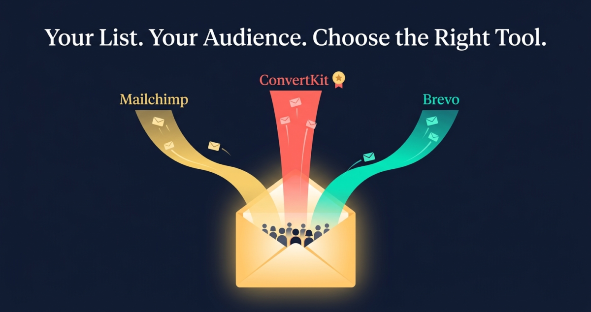 Hero editorial illustration of a glowing open envelope with three colored email streams representing Mailchimp, ConvertKit, and Brevo rising upward on a dark navy background, symbolizing email list ownership