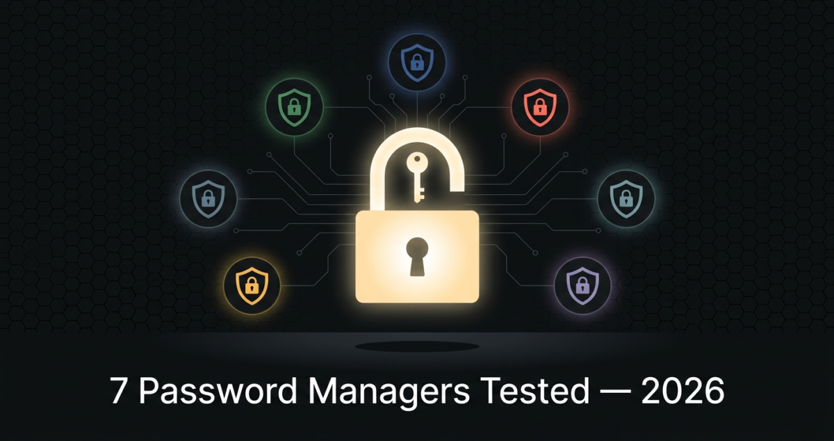 Hero illustration of a glowing golden padlock surrounded by seven colored security shield icons representing the best password managers tested in 2026 on a dark digital background