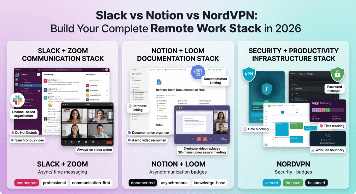Three-way remote work tool comparison: Slack and Zoom communication stack with searchable message history and video meetings on the left, Notion documentation and Loom async video reducing unnecessary meetings in the center, and NordVPN security with 1Password and Google Calendar work-life boundaries on the right.