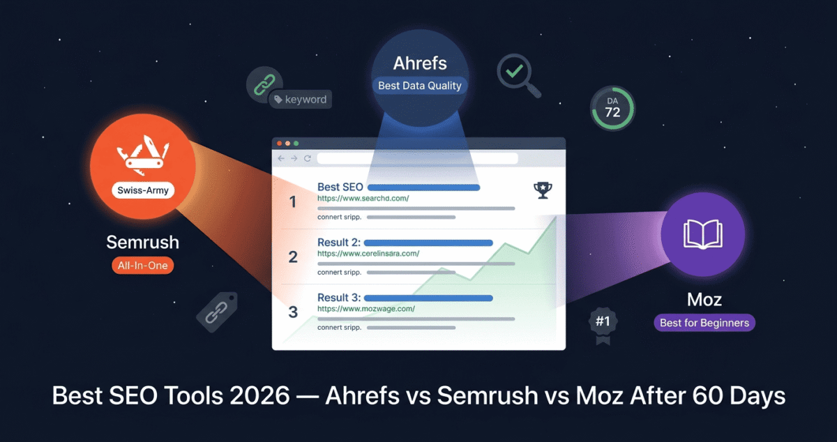 Hero editorial illustration of a Google search results page with three organic listings at center, surrounded by three SEO tool orbs — Semrush in orange-red as all-in-one largest, Ahrefs in dark blue with best data quality focus, and Moz in purple as best for beginners — on a deep navy star-field background