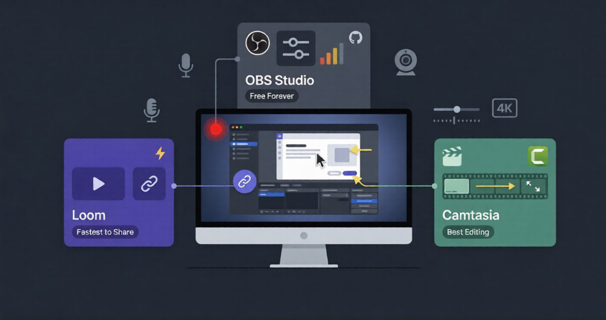 Hero editorial illustration of a computer monitor showing a screen recording in progress with a red recording indicator, surrounded by three floating tool cards — Loom in violet with Fastest to Share tag, OBS Studio in grey with Free Forever tag, and Camtasia in teal with Best Editing tag