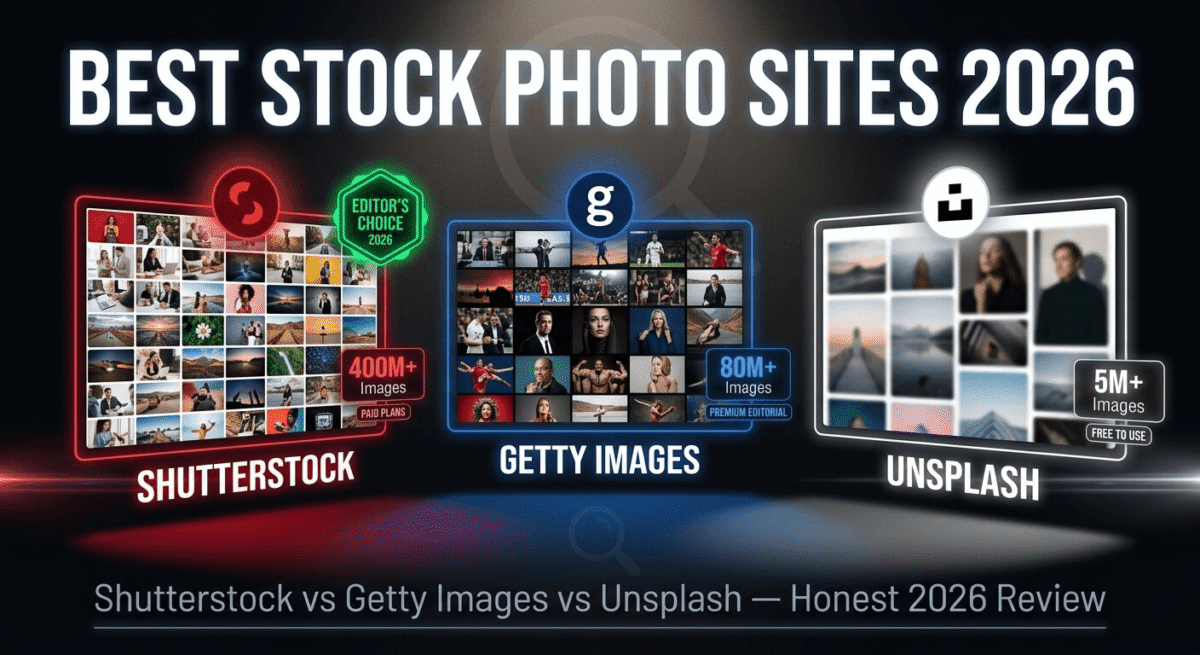Cinematic featured image comparing the three best stock photo sites of 2026 — Shutterstock with 400 million-plus images on paid plans, Getty Images with 80 million-plus premium editorial photos, and Unsplash with 5 million-plus free-to-use images — displayed as glowing holographic panels in a dark studio environment.