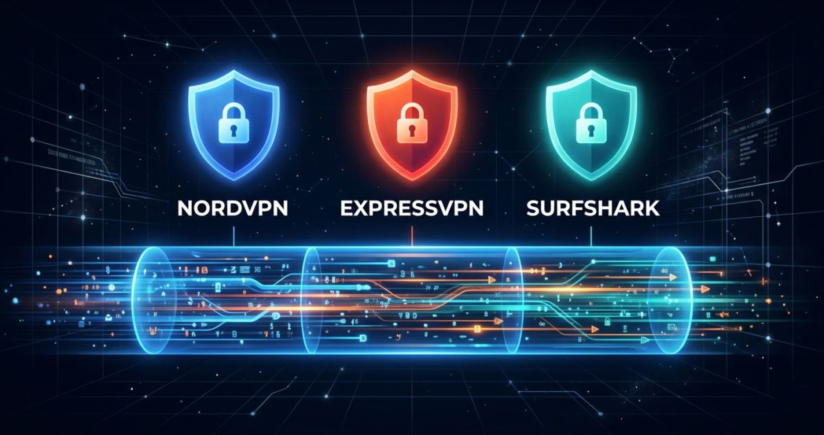 NordVPN vs ExpressVPN vs Surfshark comparison hero image showing three glowing shield icons above an encrypted VPN data tunnel on a dark digital background