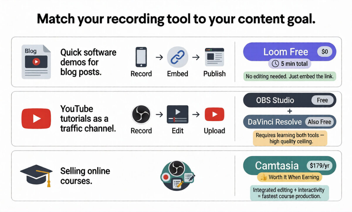 Loom vs OBS vs Camtasia. Three-row blogger screen recording stack infographic showing Loom Free for quick software demos at zero cost, OBS Studio plus DaVinci Resolve both free for YouTube tutorials, and Camtasia at 179 dollars per year for selling online courses with integrated editing and interactivity