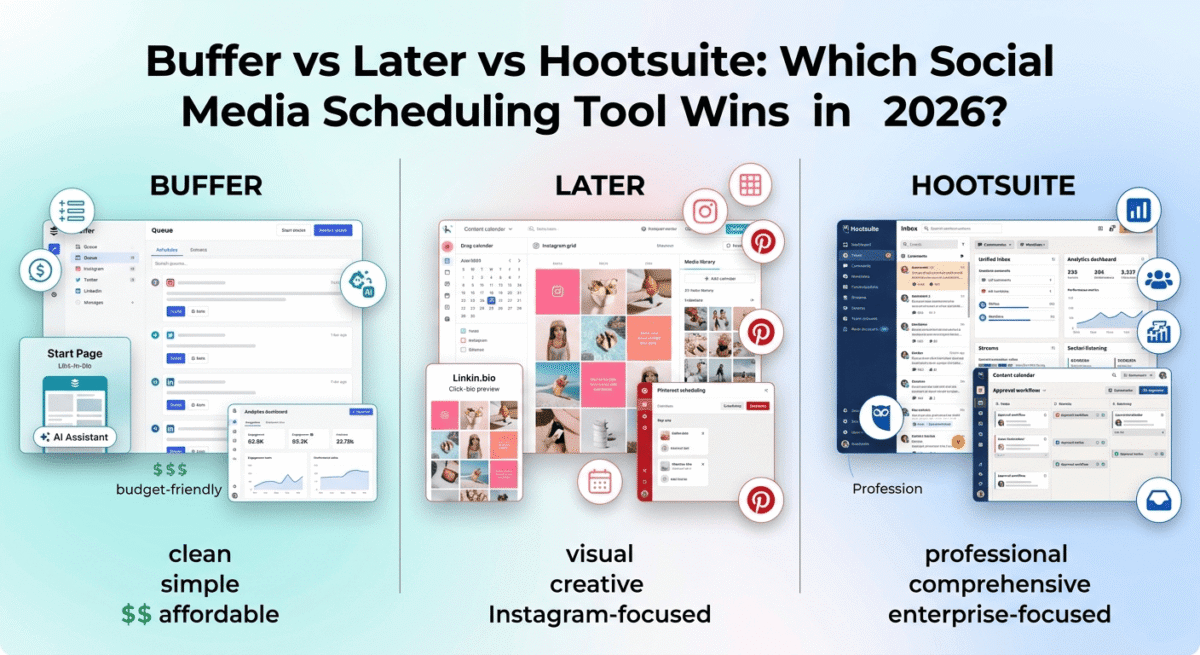 Comparison of three social media scheduling tools: Buffer with clean queue interface on the left, Later with visual Instagram grid preview in the center, and Hootsuite with comprehensive analytics dashboard on the right.