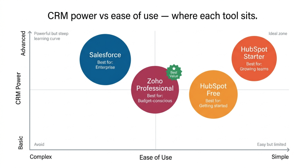 CRM quadrant chart plotting power versus ease of use — Salesforce as the largest circle in the top-left powerful but complex zone, HubSpot Starter in the top-right powerful and approachable zone, HubSpot Free in the center-right easy zone, and Zoho Professional in the center with a Best Value badge