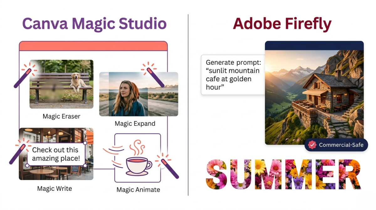 Side-by-side AI feature comparison illustration showing Canva Magic Studio tools including Magic Eraser and Magic Expand on the left versus Adobe Firefly's photorealistic text-to-image generation and text effects on the right