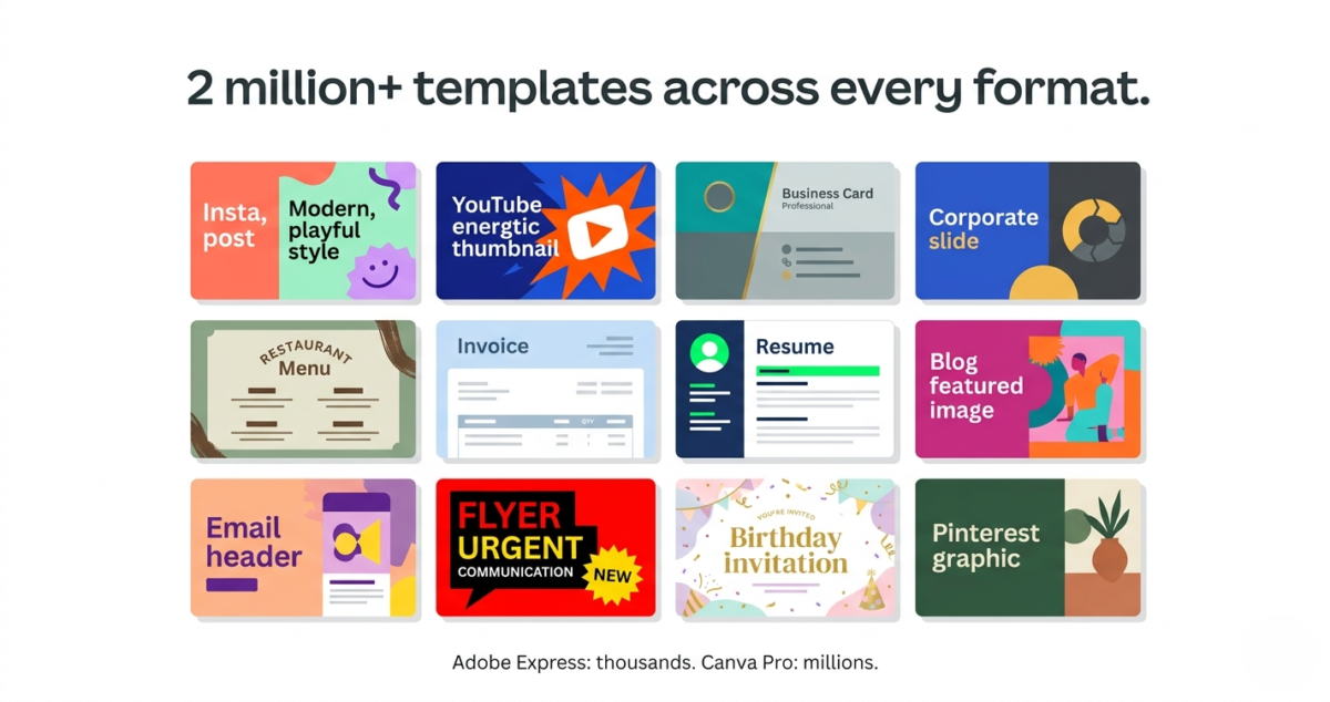 
Flat illustration mosaic of 12 diverse Canva template thumbnail cards including Instagram posts, YouTube thumbnails, business cards, menus, resumes, and presentations showing the breadth of the 2 million template library